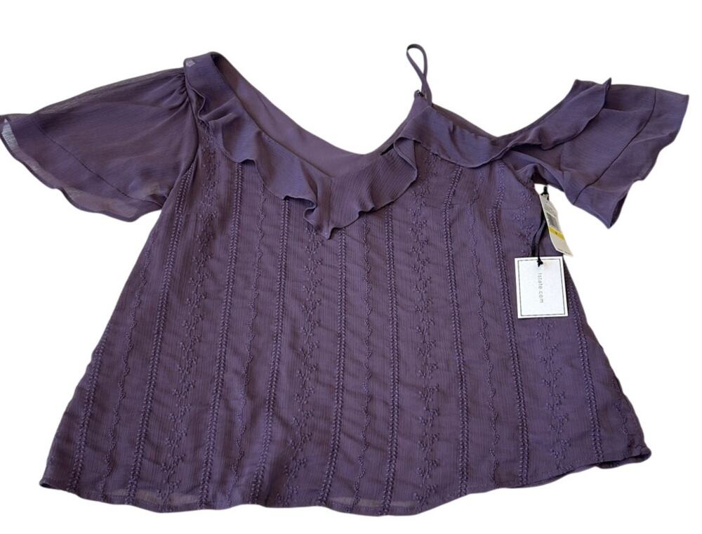 1. State Women Top Sheer Short Sleeve V Neck Ruffle Blouse Sz M Purple Lined NWT